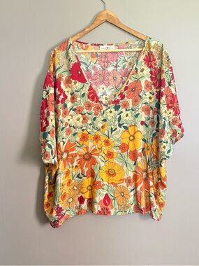 NATURAL LIFE Multicolor Floral V-Neck Dolman Top Size Large